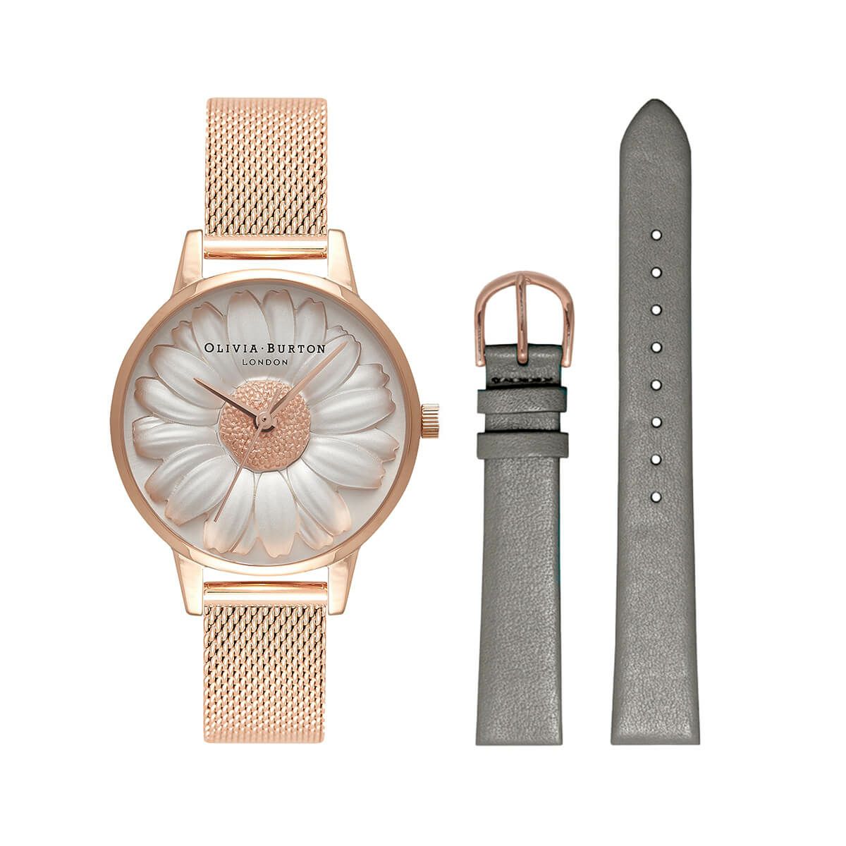 オリビア・バートン 3Dデイジー - ローズゴールドメッシュ & レザー  